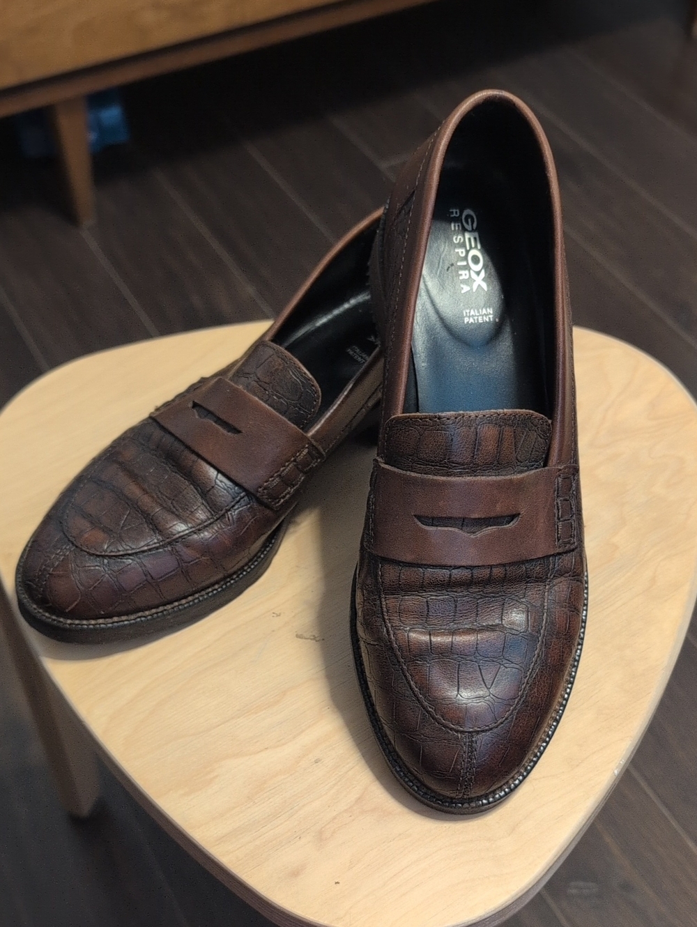 Geox Chocolate Brown Croc-Embossed Leather Penny Loafers